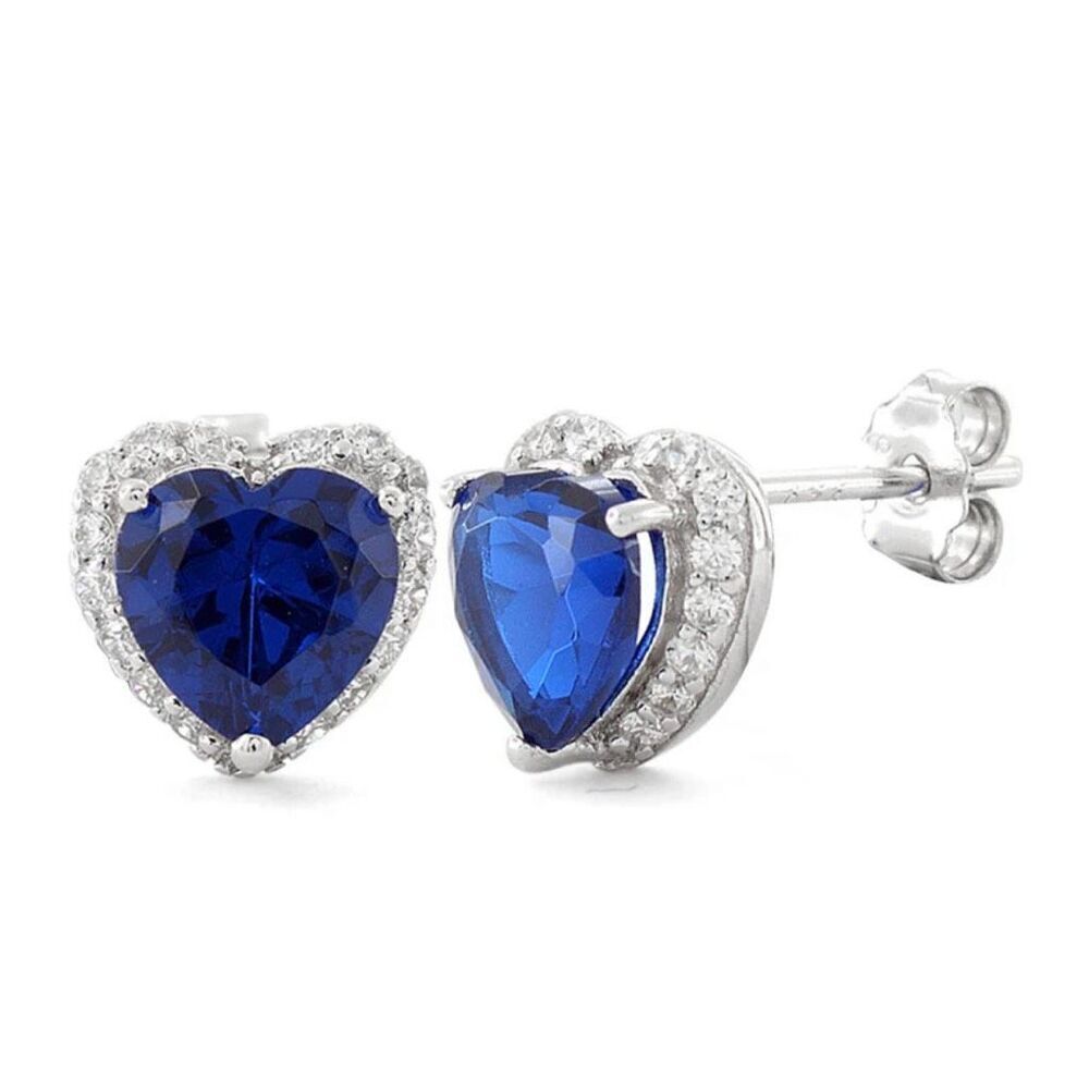 Sterling Silver Heart Shape Blue Sapphire CZ Stud Earrings